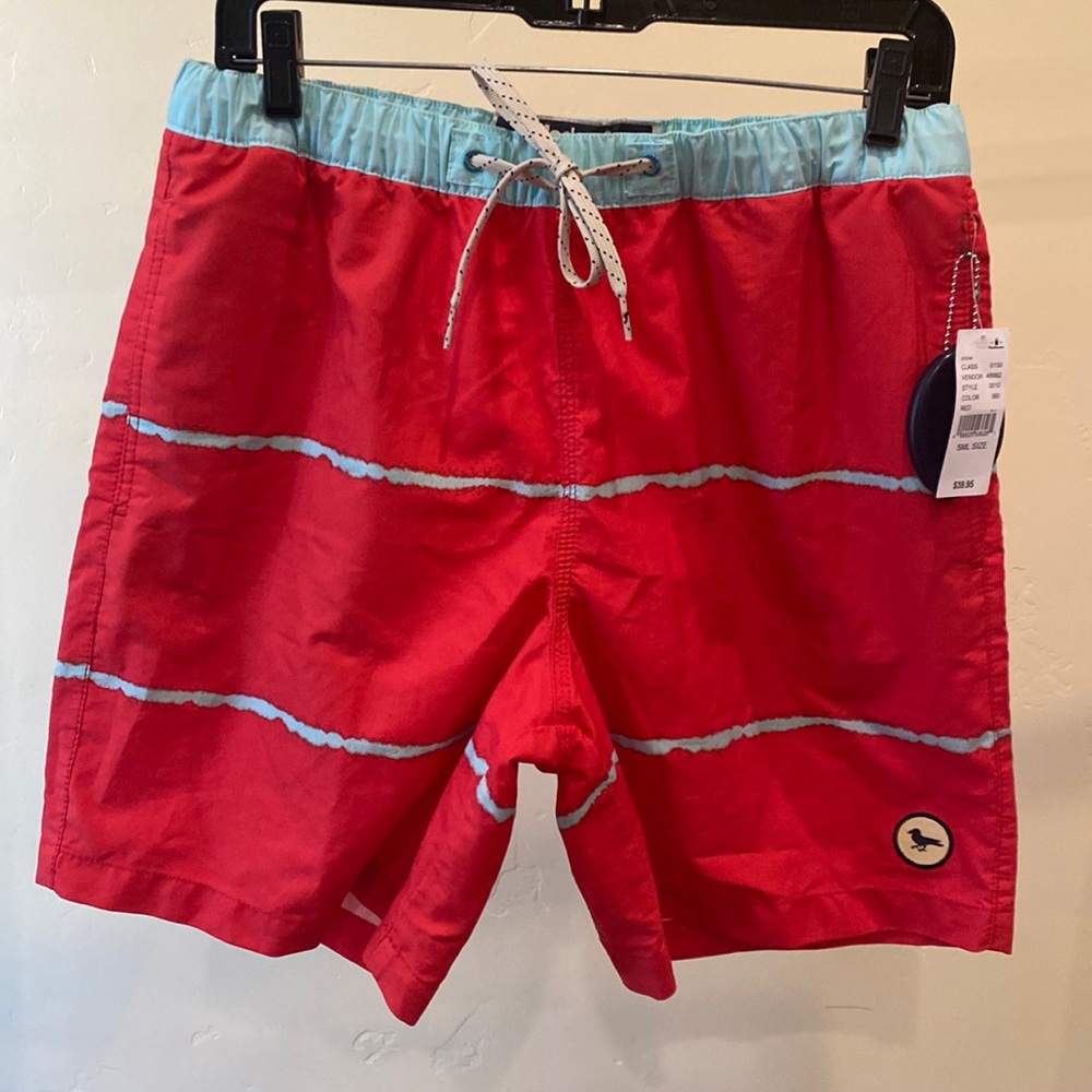 Modern Amusement swim trunks, size S, red & light blue print.